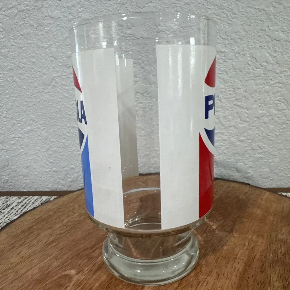 VTG Pepsi Cola Large Pedestal Drinking Tumbler Glass Clear Blue Red Pedestal Cup